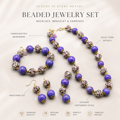 Purple Beaded Jewelry Set | Floral Necklace Bracelet Earrings Set for Women