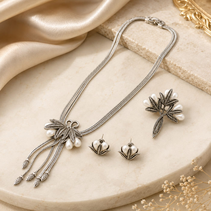 Vintage Pearl Jewelry Set | Silver Tone Necklace Brooch Earrings Set for Women