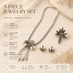 Vintage Pearl Jewelry Set | Silver Tone Necklace Brooch Earrings Set for Women
