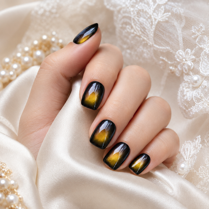 Black Gold Cat Eye Press On Nails | Handmade Reusable Nails by AMBERÉA