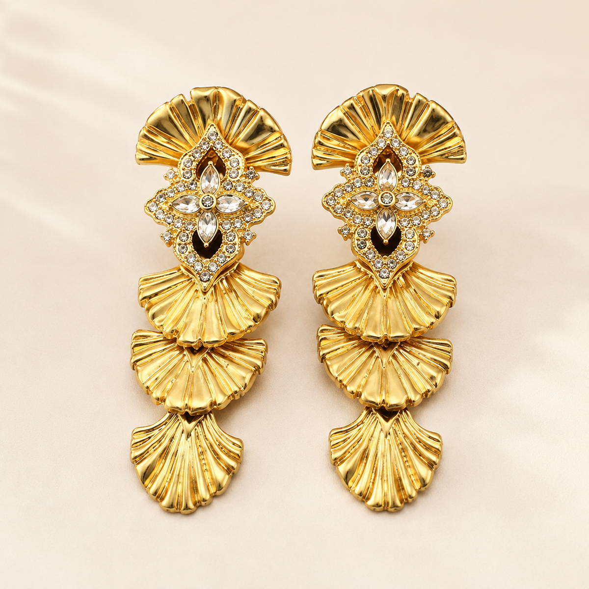 Gold Rhinestone Statement Earrings | Vintage Fan Drop Earrings for Women