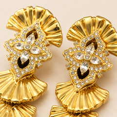 Gold Rhinestone Statement Earrings | Vintage Fan Drop Earrings for Women
