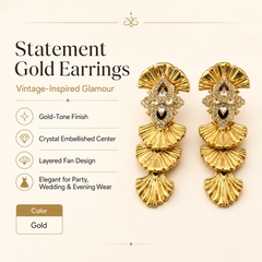 Gold Rhinestone Statement Earrings | Vintage Fan Drop Earrings for Women
