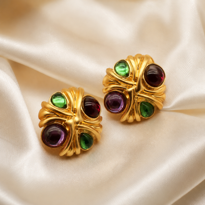 Vintage Gold Gemstone Earrings | Colorful Statement Stud Earrings for Women