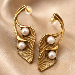 Gold Pearl Leaf Earrings | Vintage Botanical Statement Earrings for Women