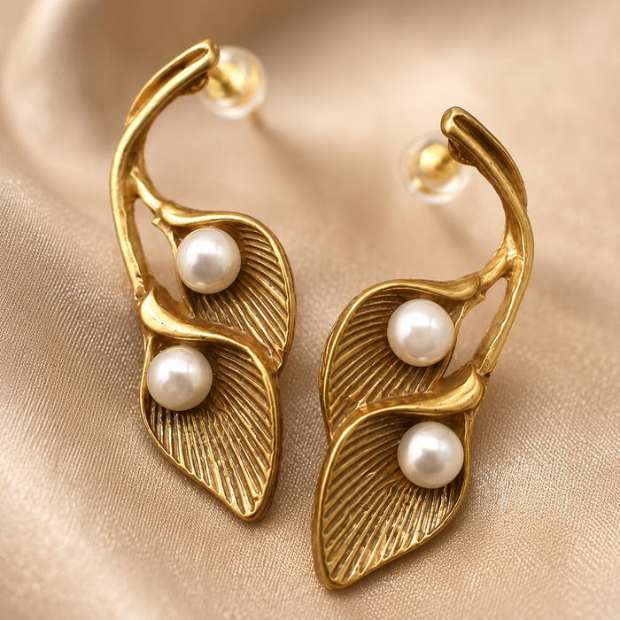 Gold Pearl Leaf Earrings | Vintage Botanical Statement Earrings for Women
