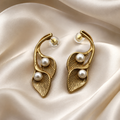 Gold Pearl Leaf Earrings | Vintage Botanical Statement Earrings for Women