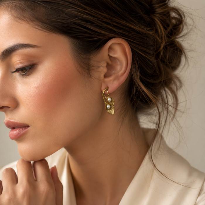 Gold Pearl Leaf Earrings | Vintage Botanical Statement Earrings for Women