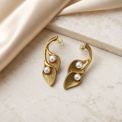 Gold Pearl Leaf Earrings | Vintage Botanical Statement Earrings for Women
