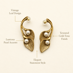 Gold Pearl Leaf Earrings | Vintage Botanical Statement Earrings for Women