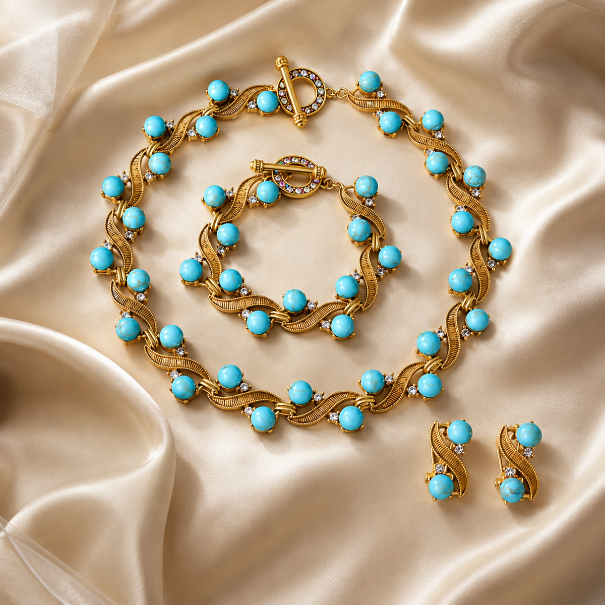 Turquoise Blue Gold Jewelry Set | Necklace Bracelet Earrings Set for Women