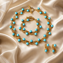Turquoise Blue Gold Jewelry Set | Necklace Bracelet Earrings Set for Women