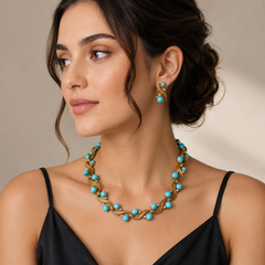 Turquoise Blue Gold Jewelry Set | Necklace Bracelet Earrings Set for Women