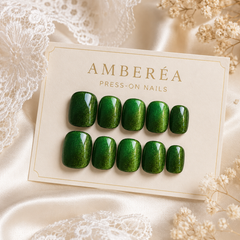 Emerald Green Cat Eye Press On Nails | Handmade Reusable Nails by AMBERÉA
