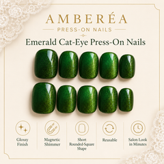 Emerald Green Cat Eye Press On Nails | Handmade Reusable Nails by AMBERÉA