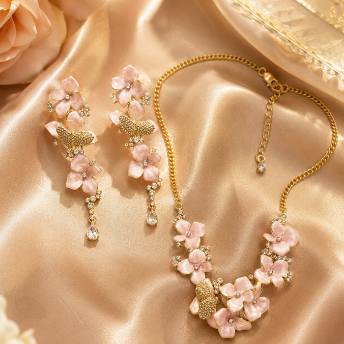 Pink Floral Butterfly Necklace and Earrings Set for Women