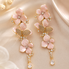 Pink Floral Butterfly Necklace and Earrings Set for Women