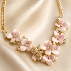 Pink Floral Butterfly Necklace and Earrings Set for Women