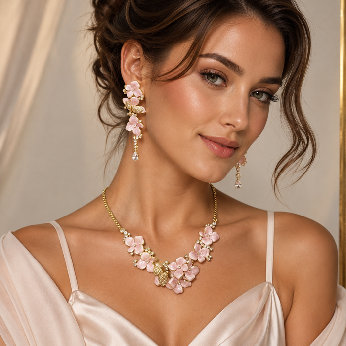 Pink Floral Butterfly Necklace and Earrings Set for Women