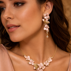 Pink Floral Butterfly Necklace and Earrings Set for Women