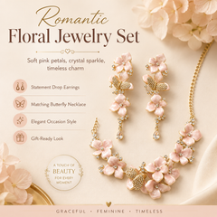 Pink Floral Butterfly Necklace and Earrings Set for Women