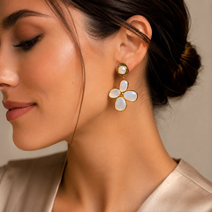Pearl Clover Earrings for Women – Gold Statement Floral Drop Earrings