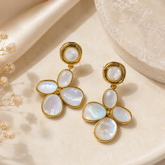 Pearl Clover Earrings for Women – Gold Statement Floral Drop Earrings
