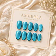 Teal Blue Cat Eye Press On Nails – Handmade Glossy Reusable Oval Nails