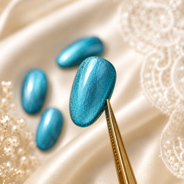 Teal Blue Cat Eye Press On Nails – Handmade Glossy Reusable Oval Nails
