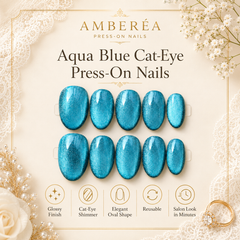 Teal Blue Cat Eye Press On Nails – Handmade Glossy Reusable Oval Nails