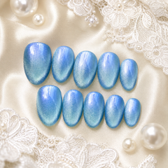 Glacier Blue Cat Eye Press On Nails | Handmade Reusable Nails by AMBERÉA