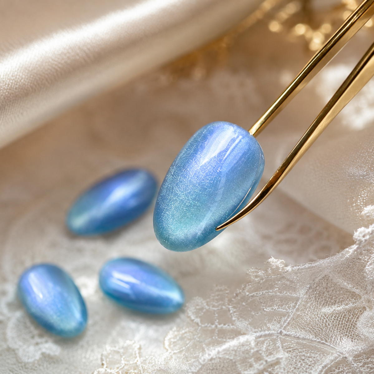 Glacier Blue Cat Eye Press On Nails | Handmade Reusable Nails by AMBERÉA