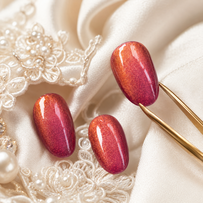 Rose Red Cat Eye Press On Nails | Handmade Reusable Bridal Nails by AMBERÉA