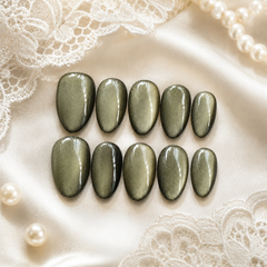 Olive Green Cat Eye Press On Nails | Handmade Reusable Nails by AMBERÉA