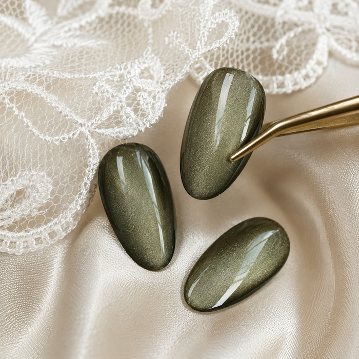 Olive Green Cat Eye Press On Nails | Handmade Reusable Nails by AMBERÉA