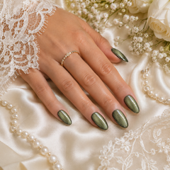 Olive Green Cat Eye Press On Nails | Handmade Reusable Nails by AMBERÉA