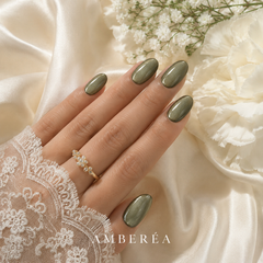 Olive Green Cat Eye Press On Nails | Handmade Reusable Nails by AMBERÉA