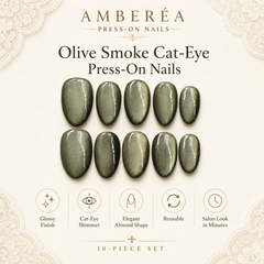 Olive Green Cat Eye Press On Nails | Handmade Reusable Nails by AMBERÉA