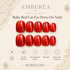 Red Cat Eye Press On Nails | Handmade Reusable Glossy Nails by AMBERÉA