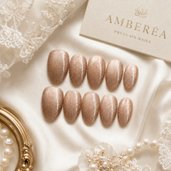 Champagne Taupe Cat Eye Press On Nails – Handmade Glossy Reusable Almond Nails
