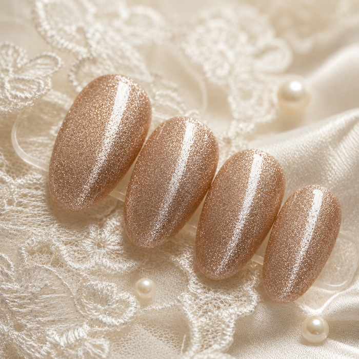 Champagne Taupe Cat Eye Press On Nails – Handmade Glossy Reusable Almond Nails