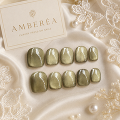 Olive Gold Cat Eye Press On Nails | Handmade Reusable Short Square Nails by AMBERÉA