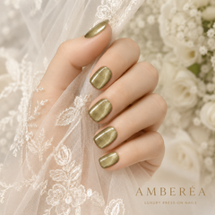 Olive Gold Cat Eye Press On Nails | Handmade Reusable Short Square Nails by AMBERÉA