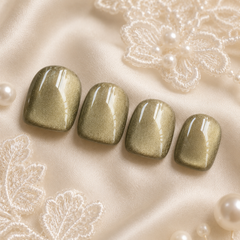 Olive Gold Cat Eye Press On Nails | Handmade Reusable Short Square Nails by AMBERÉA
