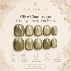 Olive Gold Cat Eye Press On Nails | Handmade Reusable Short Square Nails by AMBERÉA