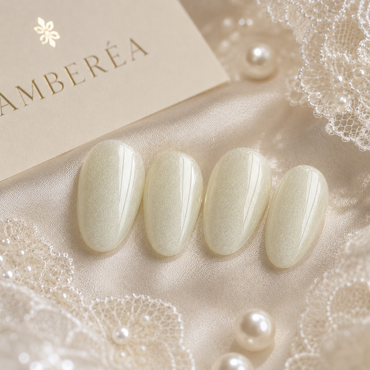 Pearl White Cat Eye Press On Nails | Handmade Reusable Bridal Nails by AMBERÉA