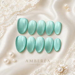 Aqua Mint Cat Eye Press On Nails | Handmade Reusable Bridal Nails by AMBERÉA