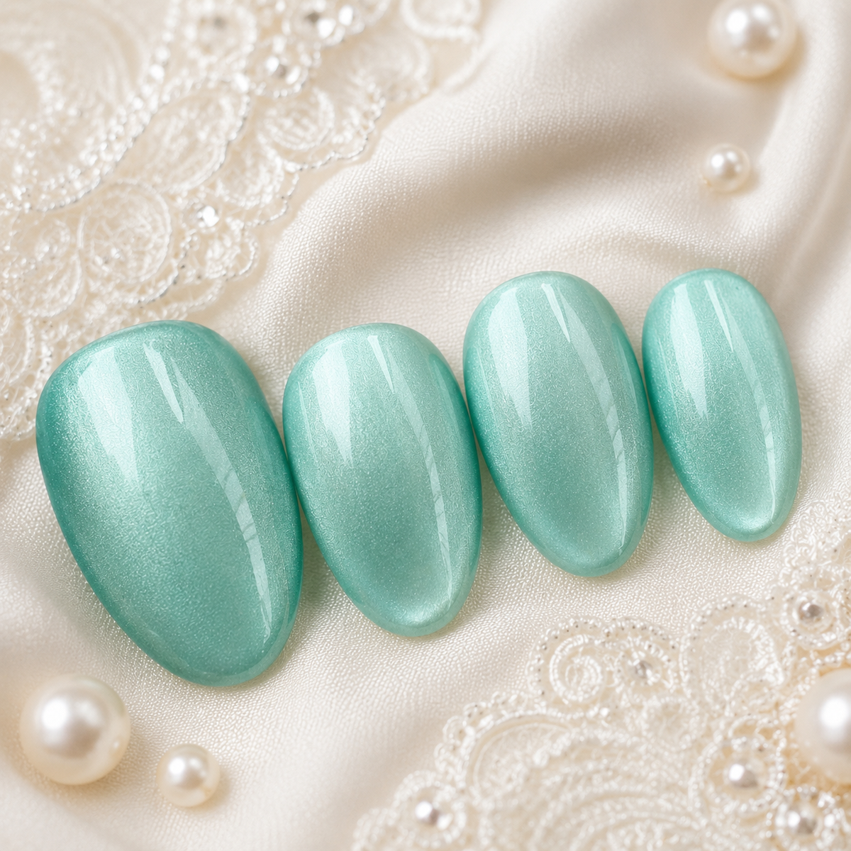 Aqua Mint Cat Eye Press On Nails | Handmade Reusable Bridal Nails by AMBERÉA