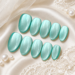 Aqua Mint Cat Eye Press On Nails | Handmade Reusable Bridal Nails by AMBERÉA