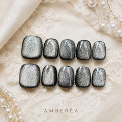 Black Silver Cat Eye Press On Nails | Handmade Reusable Short Square Nails by AMBERÉA